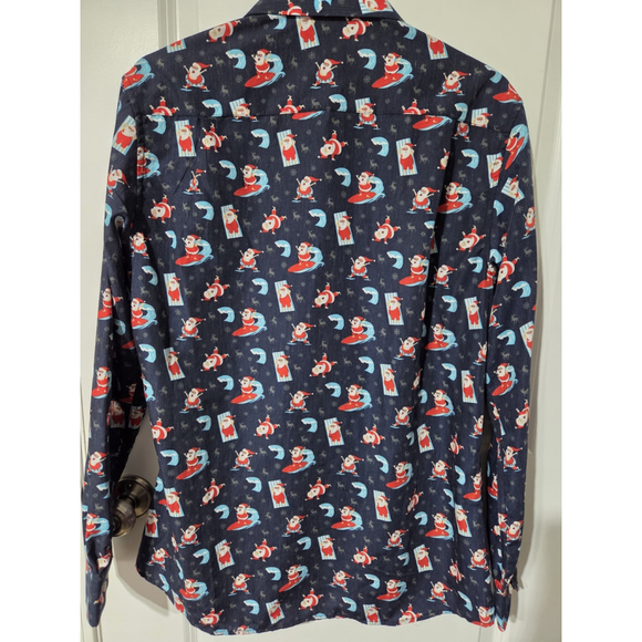 SIMON BANKS SURFING SANTA BUTTON FRONT CHRISTMAS SHIRT Men's Size Medium Blue - Picture 2 of 9